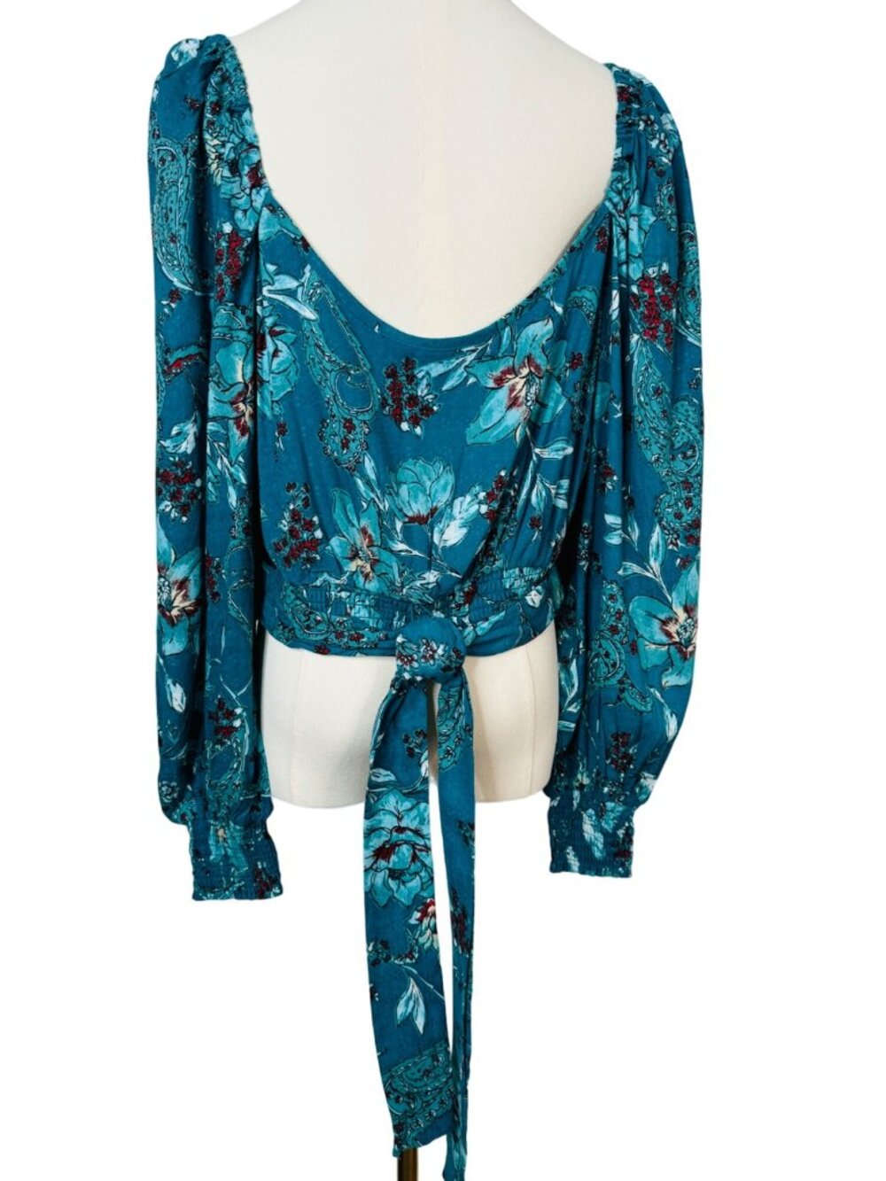 2/$30 New Large Band Of The Free - V Neckline Teal Red Floral Tie-Back Blouse - Picture 7 of 15